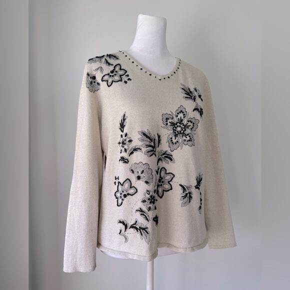 Vintage Y2K Alfred Dunner Cream & Black Floral Print Sequined V-Neck Sweater - Picture 3 of 6